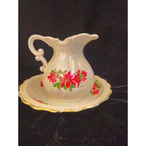 Vintage Hand-Painted Pitcher and Bowl Set With Poinsettia Design Gold Accents Sc